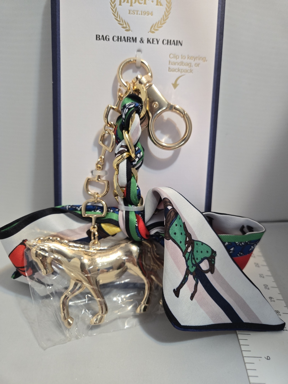 piper-k Gold Horse Bag Charm with Multi-Color Scarf Accent